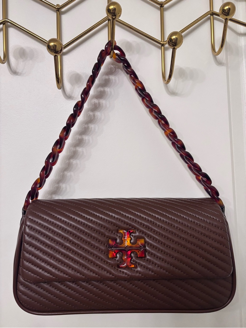 Tory Burch Quilted Kira crossbody Bag in Dark Brown with Tortoiseshell Strap